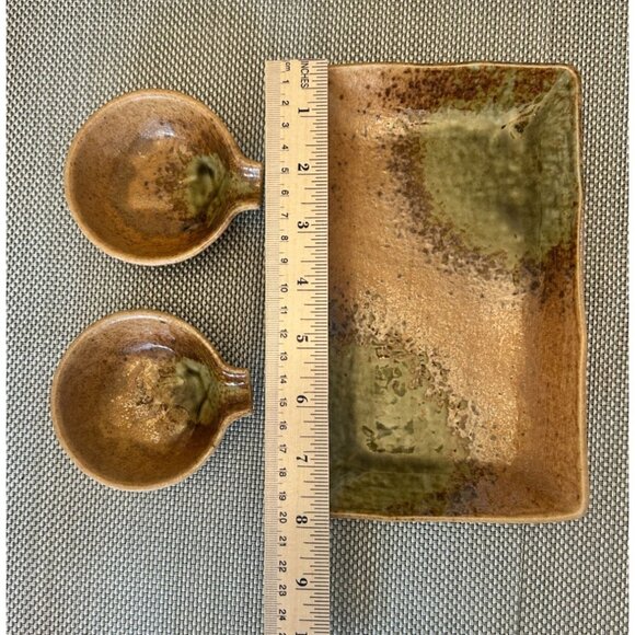 Handcrafted Ceramic Sushi Set Dish Two Matching Dipping Bowls Rectangular Tray - Picture 2 of 5